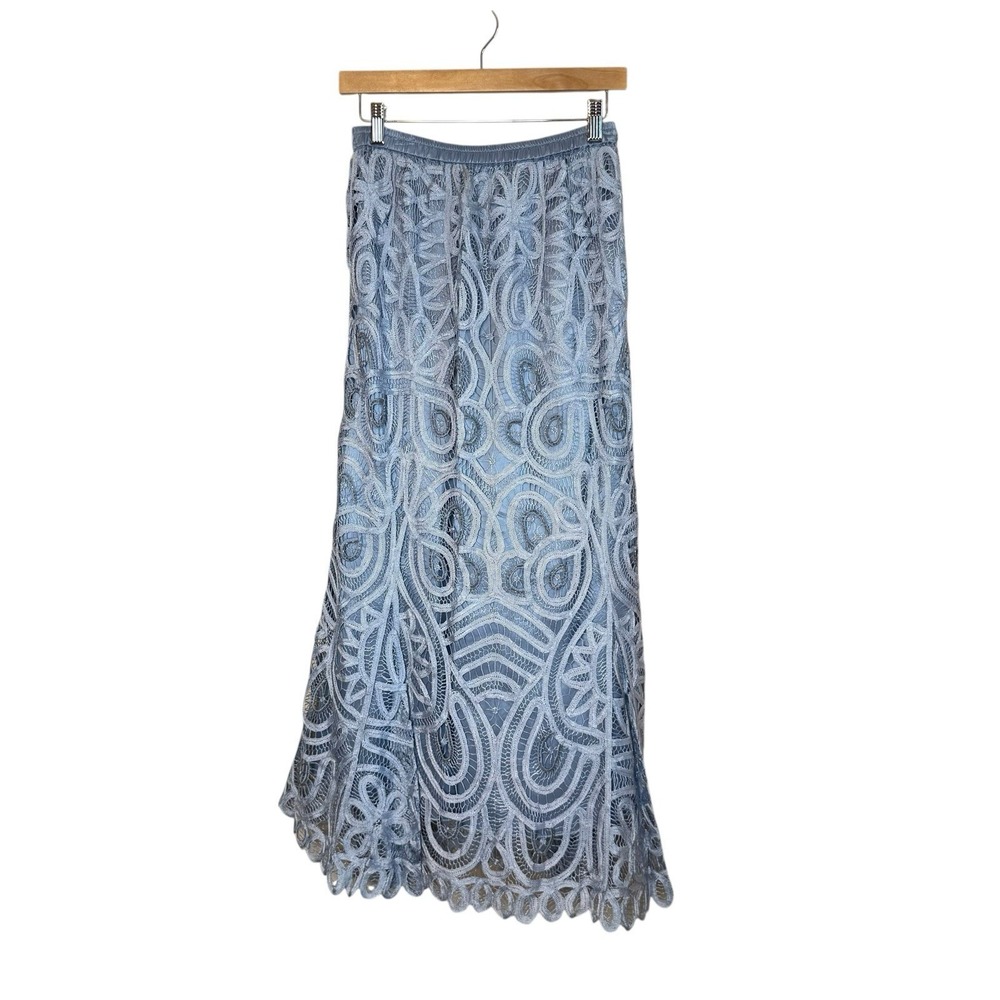 Soulmates Blue Silk Blend Maxi Skirt Lace Overlay Beading Size Large Event Party